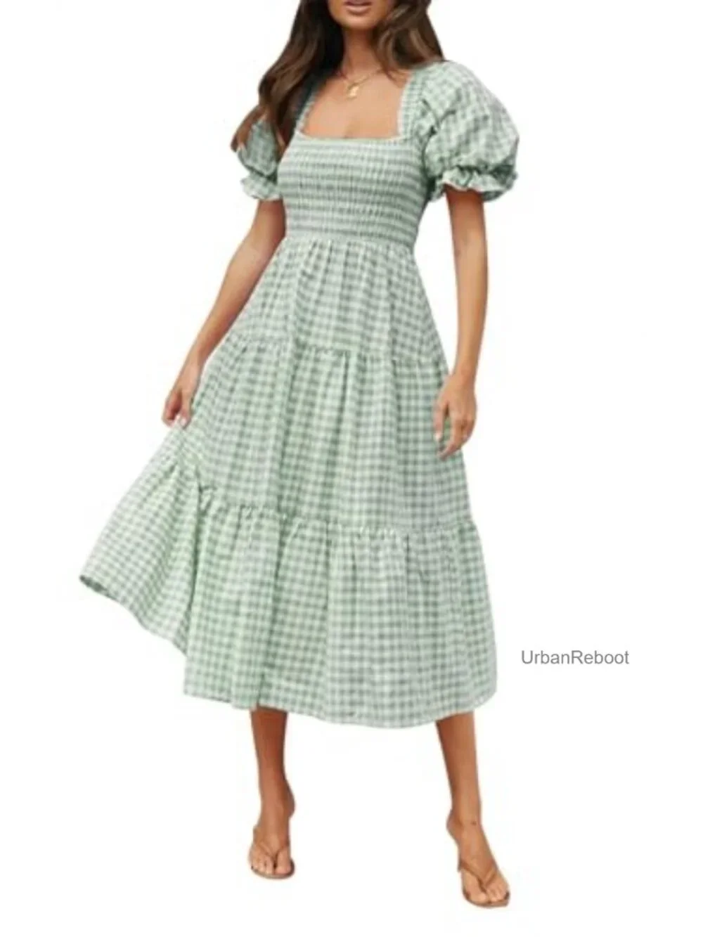 ZESICA Women's Summer Boho Gingham Puff Sleeve Square Neck Beach Midi Dress